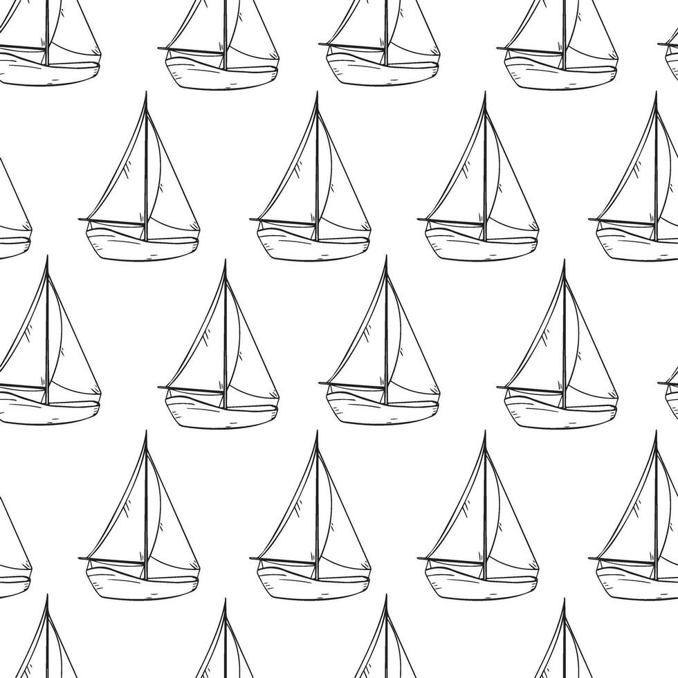 Sailing ship black and white outline seamless pattern isolated. Sailboat, vessel, sea transport graphic hand drawn repeating background. Childish nautical line art for boys, textile. vector