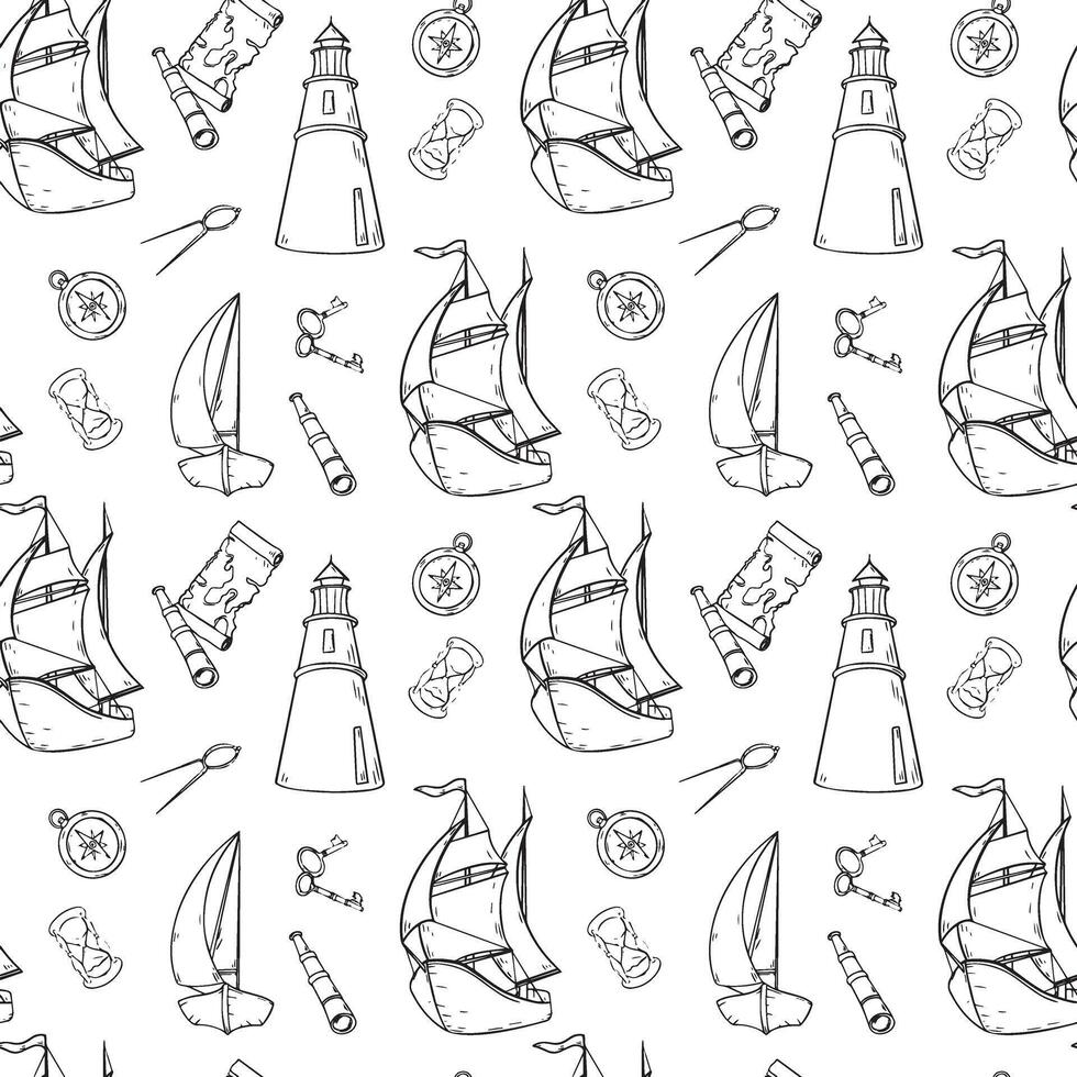 Sailing ship, compass spyglass and map seamless pattern monochrome isolated. Black and white graphic hand drawn repeating design of adventure vintage style. Childish marine design ink outline vector