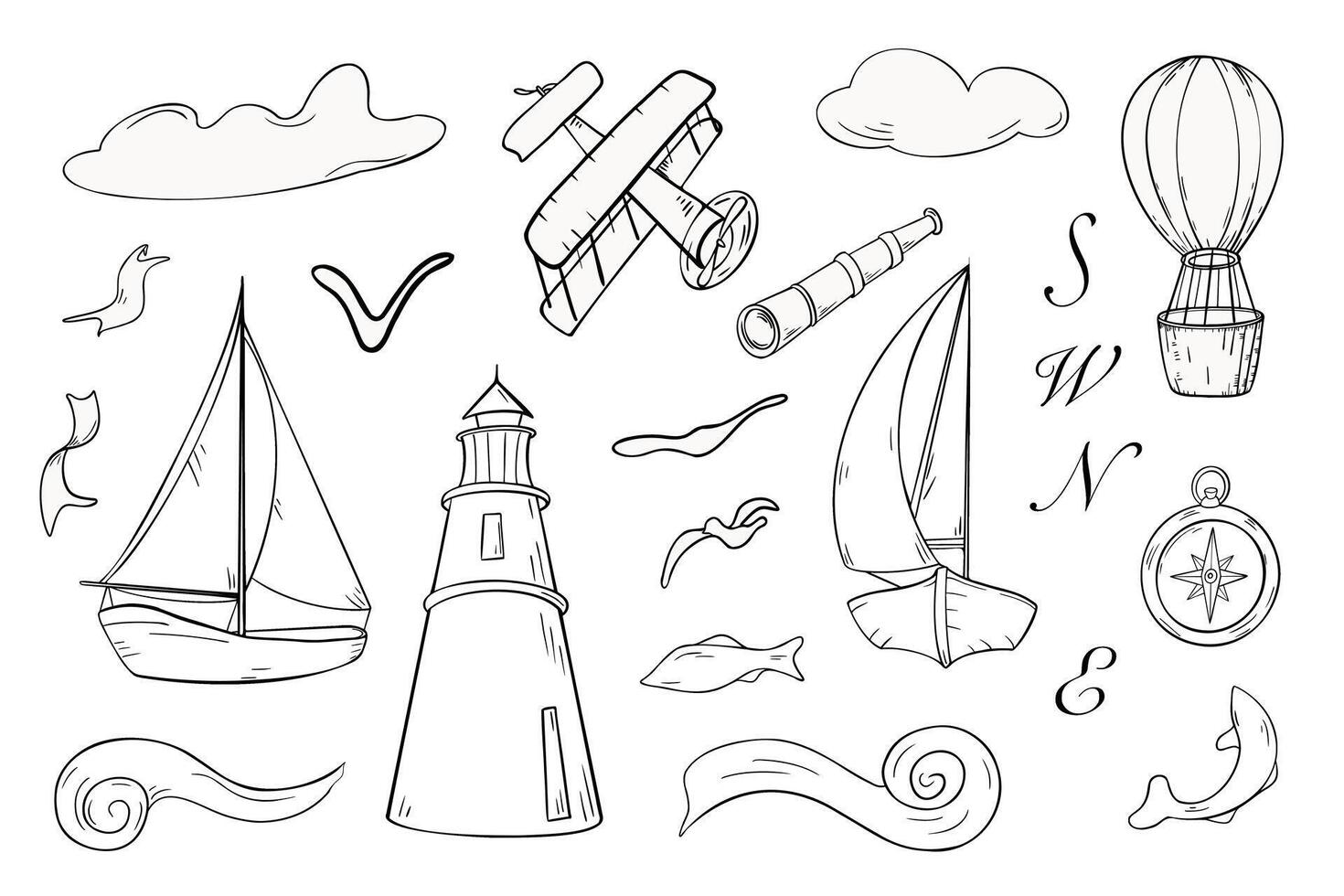 Adventure travel set with sailing boat and plane vintage style graphic illustration. Ship and lighthouse with spyglass, compass silhouette hand drawn ink. Hot air balloon and airplane outline. vector