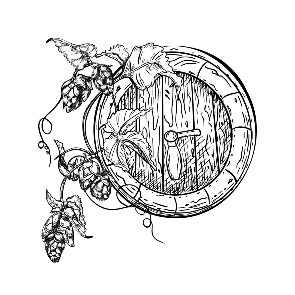 Hops on vine and wooden beer barrel black white graphic illustration isolated. Cones humulus, barrel with tap monochrome composition painted for design packaging, beer festival, label, menu. vector