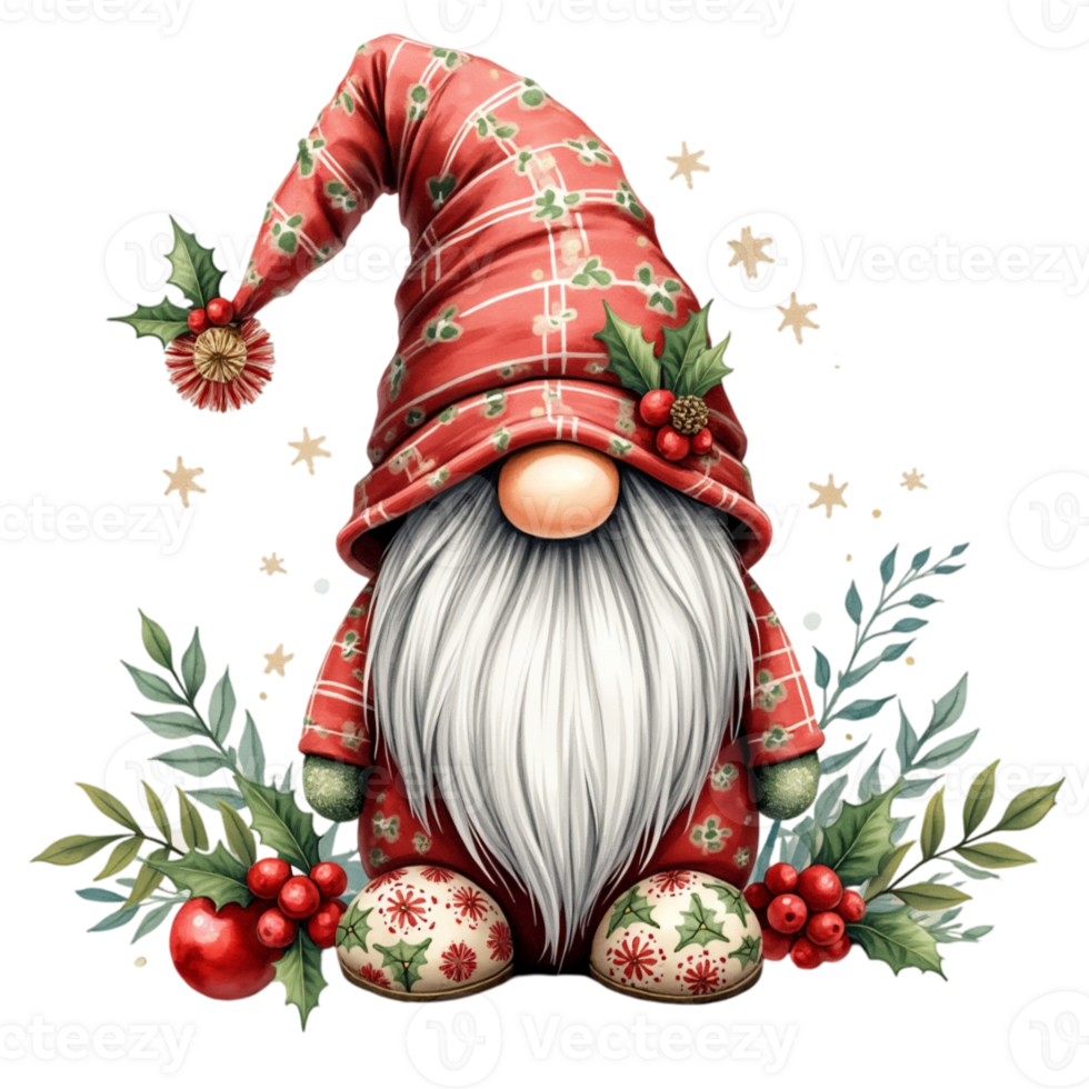 A whimsical gnome in a festive red hat adorned with holly and berries stands surrounded by greenery and twinkling stars. cutouts png