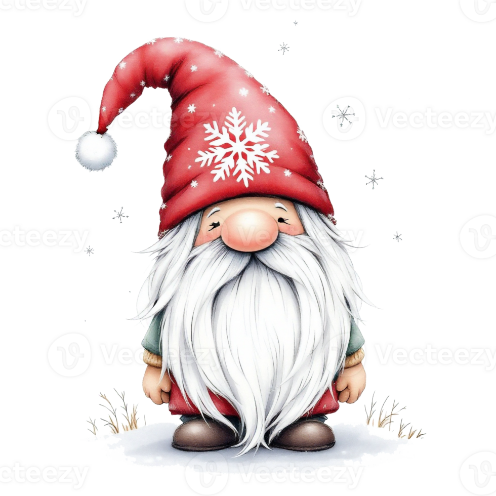 A redgnome stands in the snow, wearing a red hat adorned with a large white snowflake. cutouts png