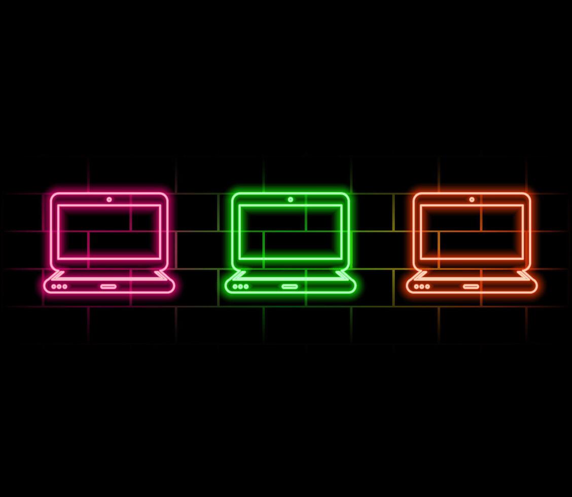 Glowing neon line Laptop icon isolated on brick wall background. Computer notebook with empty screen sign. Colorful outline. vector