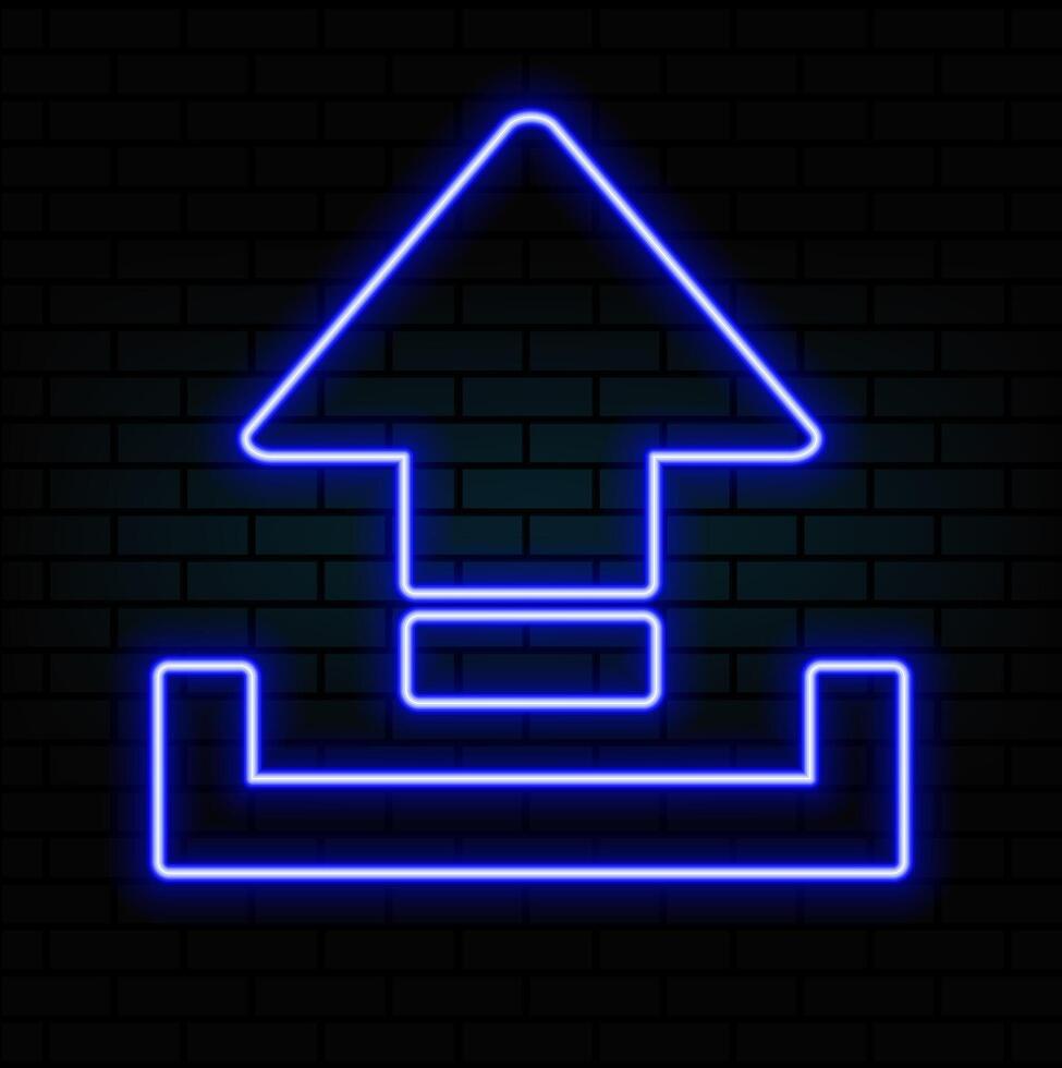 Neon upload icon. Glowing neon upload sign, outline arrow pictogram in vivid colors. Online data saving, information uploading, interaction with files. icon set, sign, symbol. vector