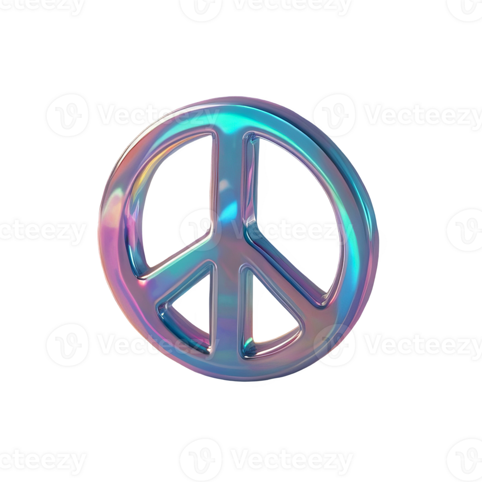 3D chrome element in Y2K style, isolated background, liquid holographic metal. Peace symbol with rainbow, shiny surface. png