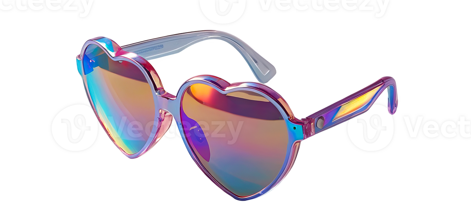 3D chrome element in Y2K style, isolated background, liquid holographic metal. A pair of heart shape sunglasses with rainbow effect. png