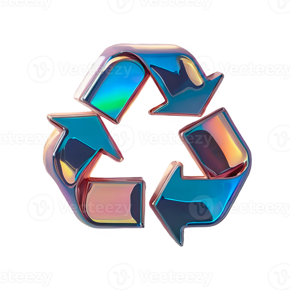 3D chrome element in Y2K style, isolated background, liquid holographic metal. Blue and silver recycling symbol with arrows pointing in different directions, shiny mirror surface. png
