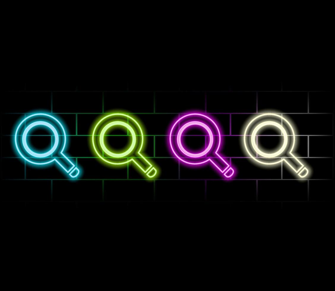 Neon magnifying glass icon. Glowing neon search sign, outline loupe pictogram in vivid colors. Online search, data analysis, find information and exploration. icon set, sign. vector