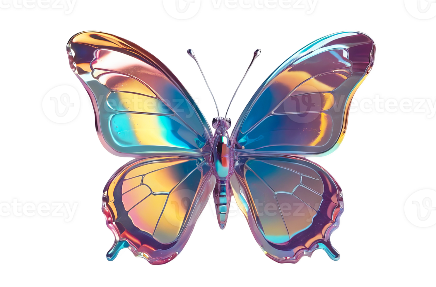 3D chrome element in Y2K style, isolated background, liquid holographic metal. A butterfly with a rainbow colored body and wings, symbol of freedom and beauty. png