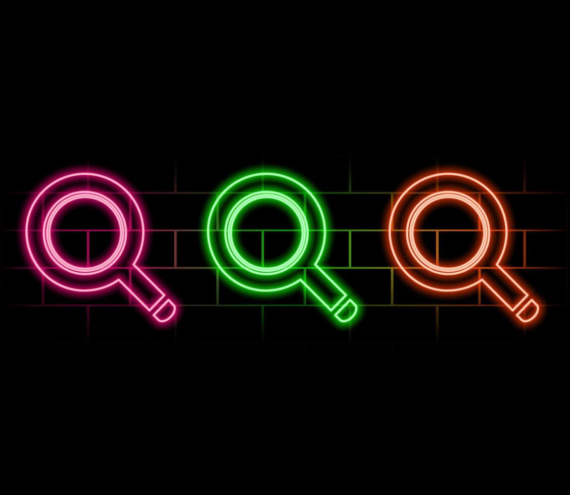 Neon magnifying glass icon. Glowing neon search sign, outline loupe pictogram in vivid colors. Online search, data analysis, find information and exploration. icon set, sign.. vector