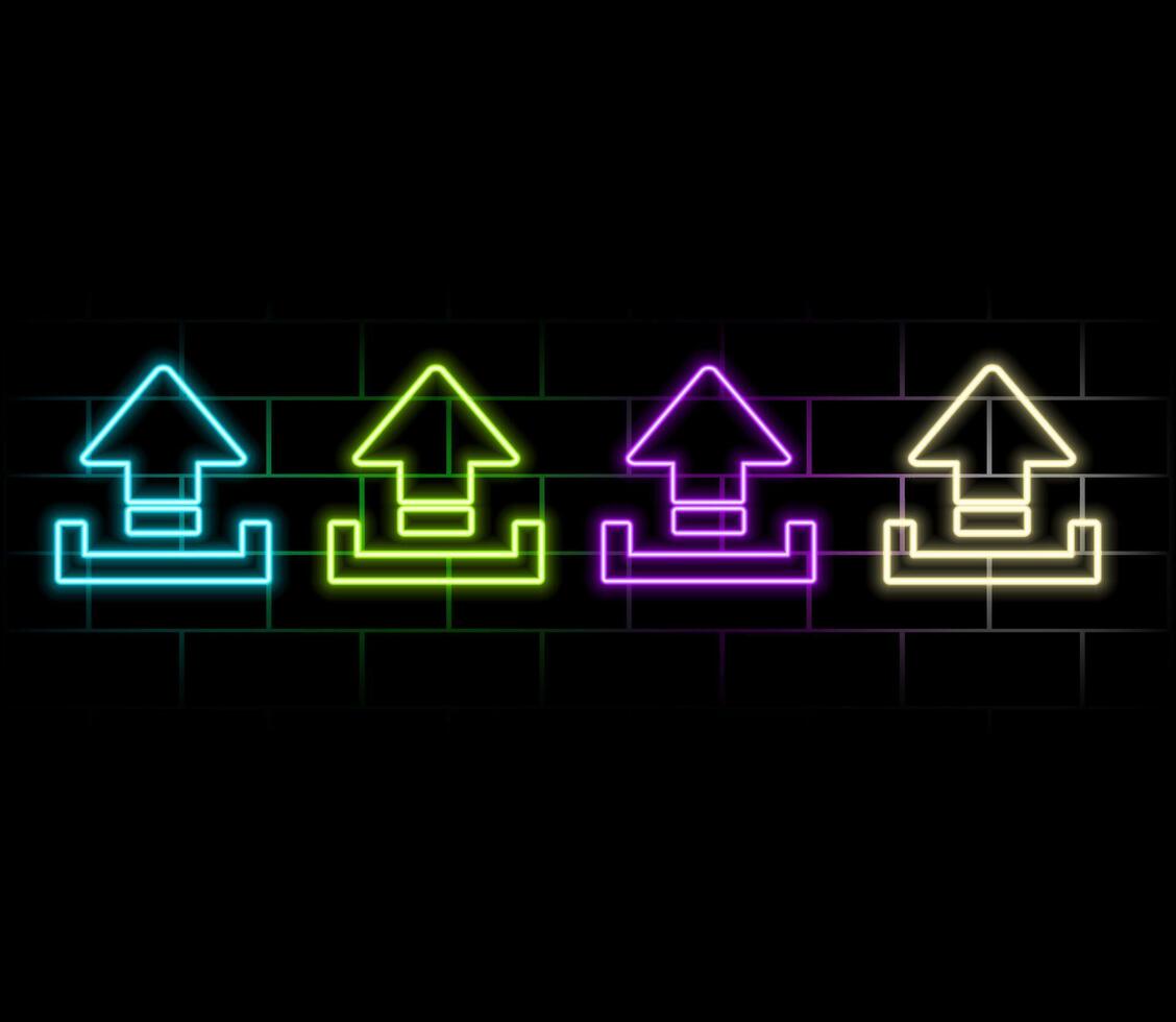 Neon upload icon. Glowing neon upload sign, outline arrow pictogram in vivid colors. Online data saving, information uploading, interaction with files. icon set, sign, symbol.. vector