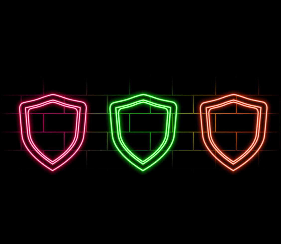 Neon shield icon. Glowing neon shield sign, outline guard symbol in vivid colors. Online security and protection, safety and guarantee emblem, antivirus firewall. Icon set, sign.. vector