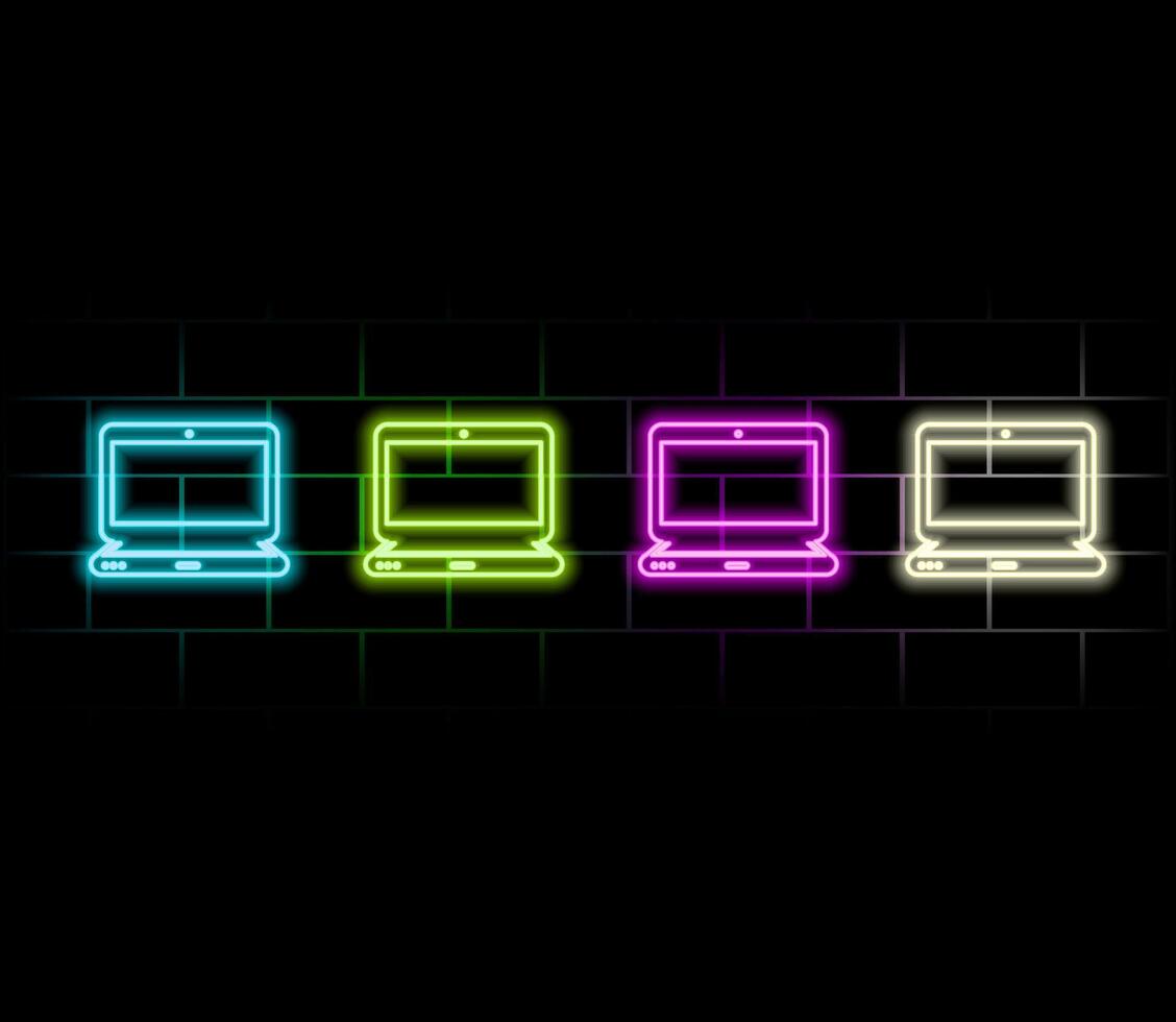 Glowing neon line Laptop icon isolated on brick wall background. Computer notebook with empty screen sign. Colorful outline.. vector