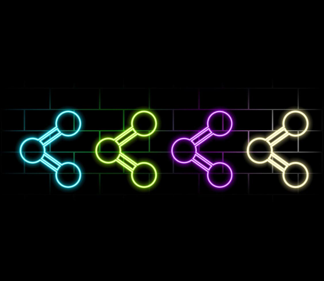 Glowing neon line Share icon isolated on brick wall background. Share, sharing, communication pictogram, social media, connection, network, distribute sign. Colorful outline.. vector