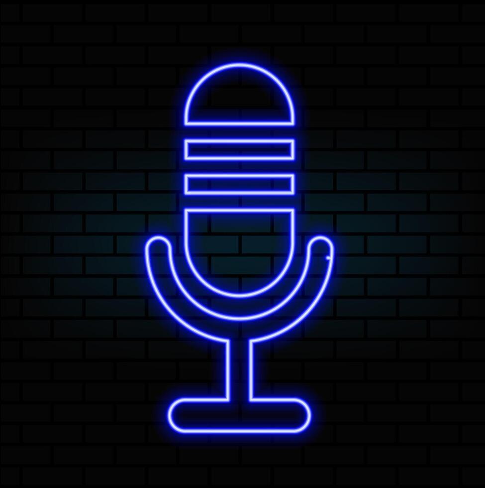 Neon Microphone sign. Glowing microphone icon for podcast, stand up or music show emblem. Retro mic in neon style... vector