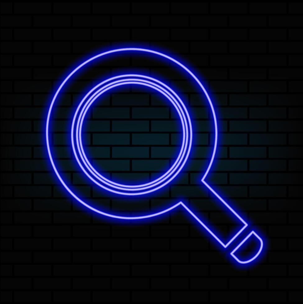 Neon magnifying glass icon. Glowing neon search sign, outline loupe pictogram in vivid colors. Online search, data analysis, find information and exploration. icon set, sign.. vector