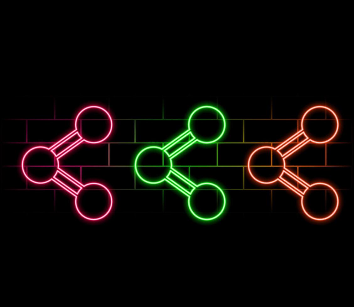 Glowing neon line Share icon isolated on brick wall background. Share, sharing, communication pictogram, social media, connection, network, distribute sign. Colorful outline... vector