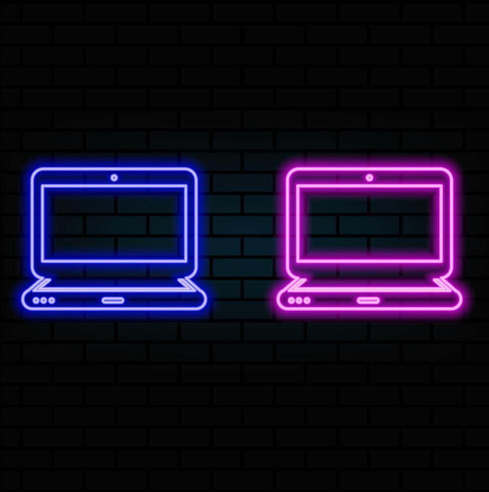 Glowing neon line Laptop icon isolated on brick wall background. Computer notebook with empty screen sign. Colorful outline concept... vector