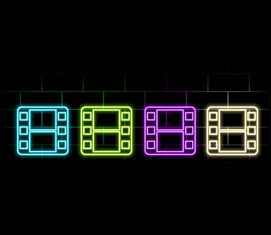 Neon filmstrip isolated on brick wall background. Bright glowing film frame. Movie, cinema, photography. vector