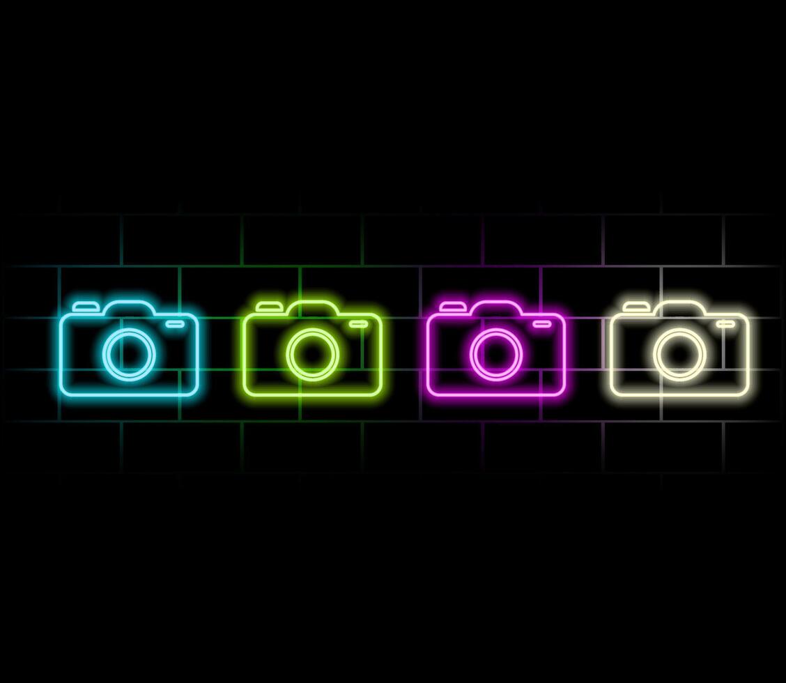 Glowing neon line Photo camera icon isolated on brick wall background. Foto camera. vector