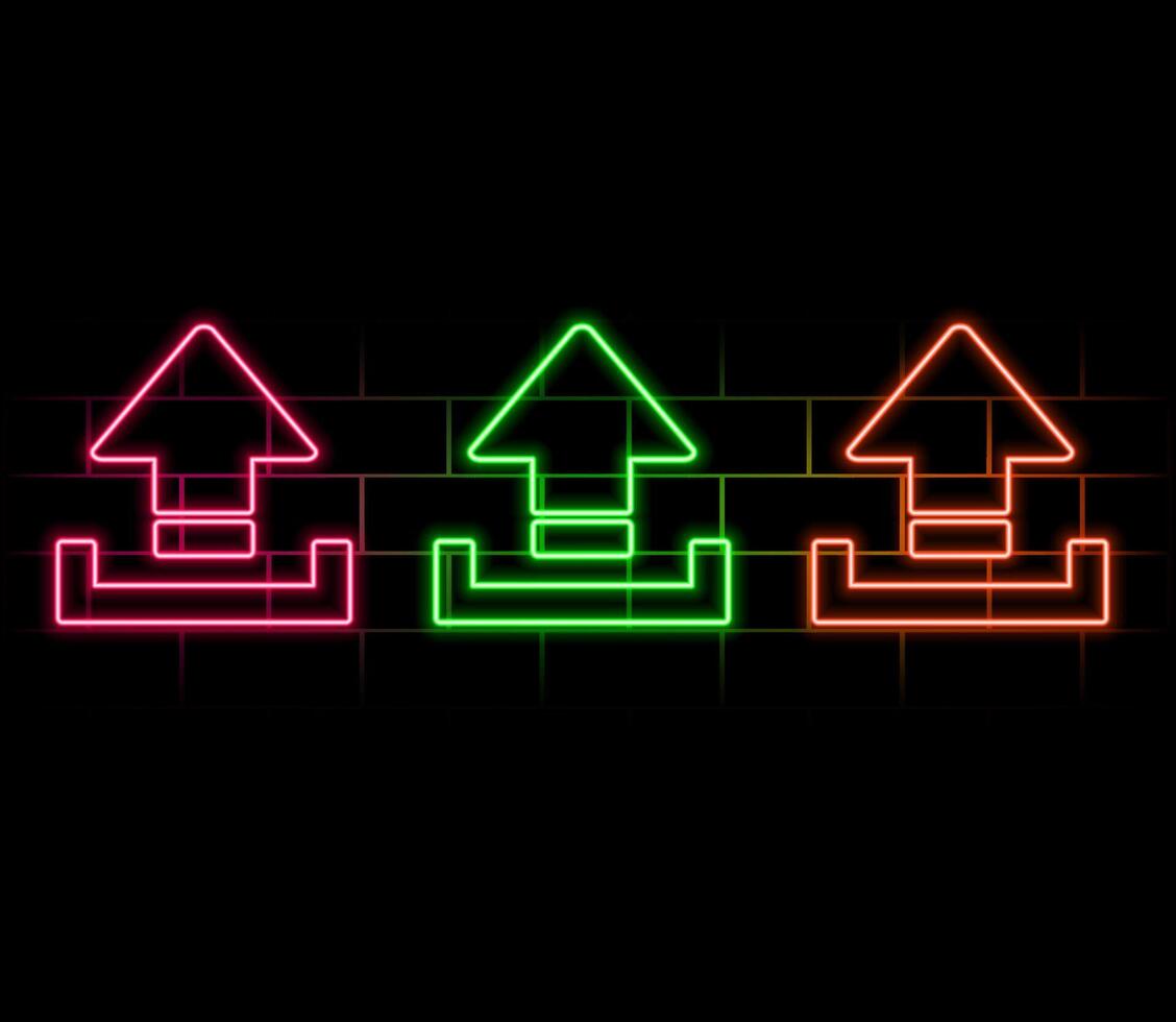 Neon upload icon. Glowing neon upload sign, outline arrow pictogram in vivid colors. Online data saving, information uploading, interaction with files. icon set, sign, symbol. vector
