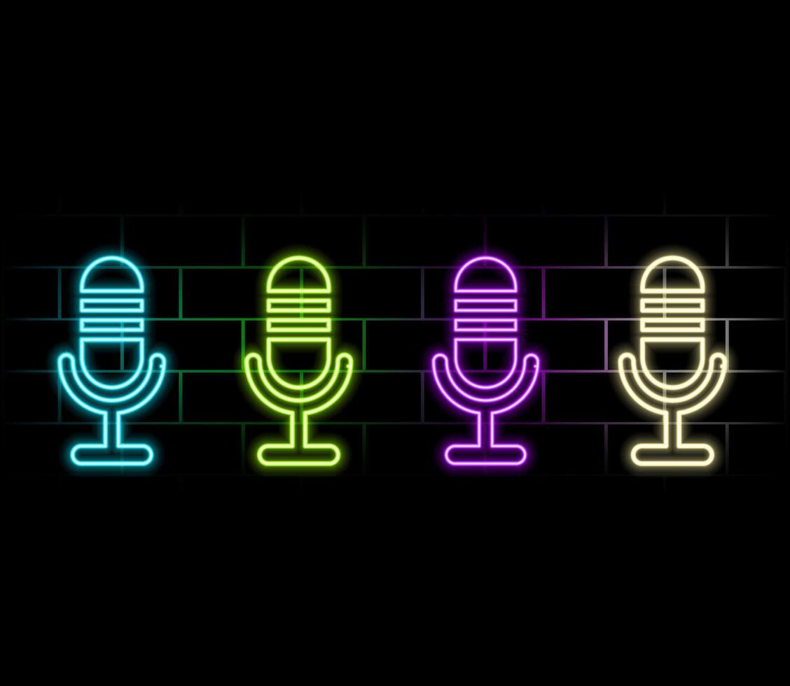 Neon Microphone sign. Glowing microphone icon for podcast, stand up or music show emblem. Retro mic in neon style.. vector