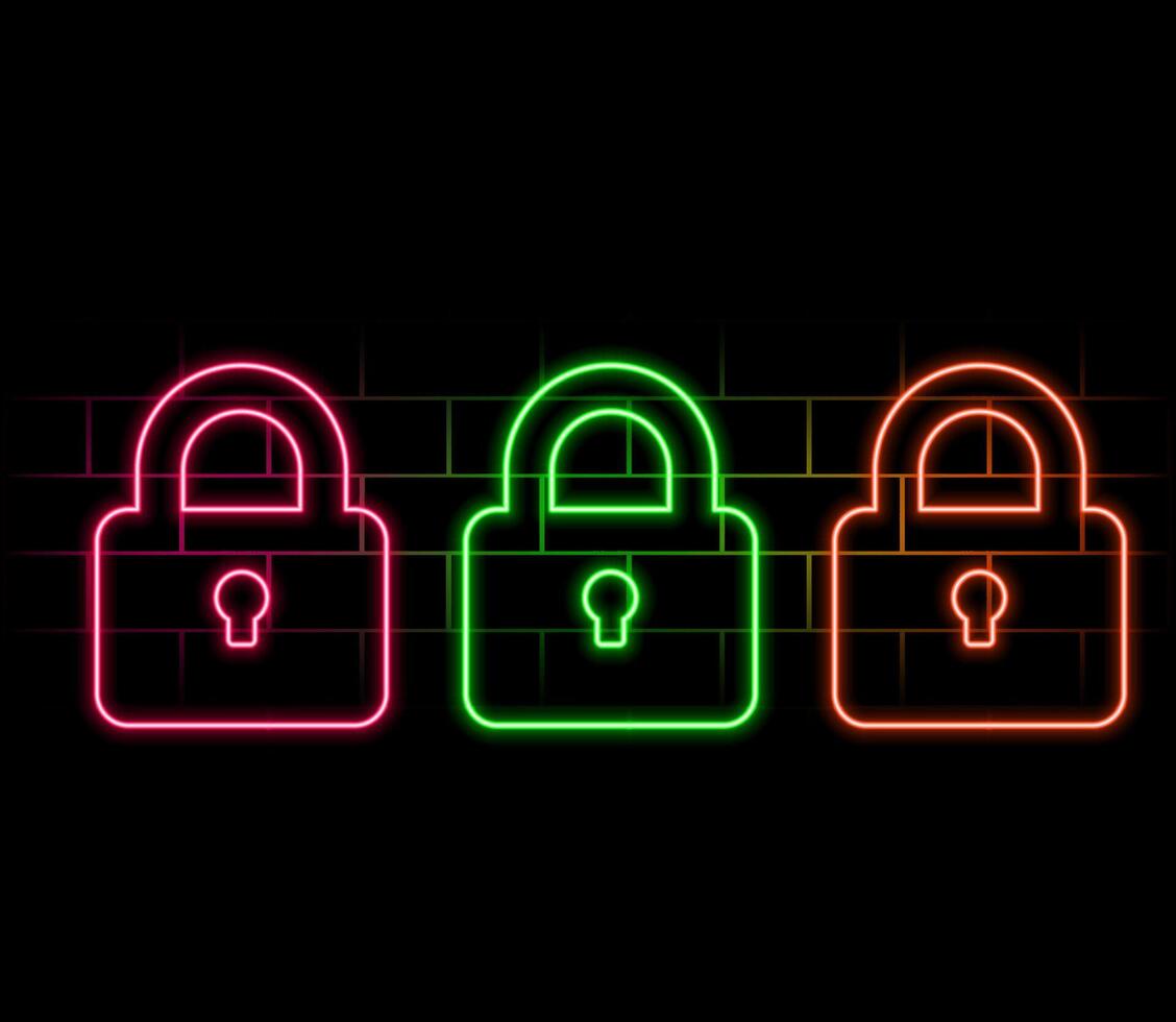 Neon closed lock icon. Glowing neon lock sign, outline padlock silhouette in vivid colors. Personal data protection, cyber security, reliable storage of information. icon set, sign.. vector