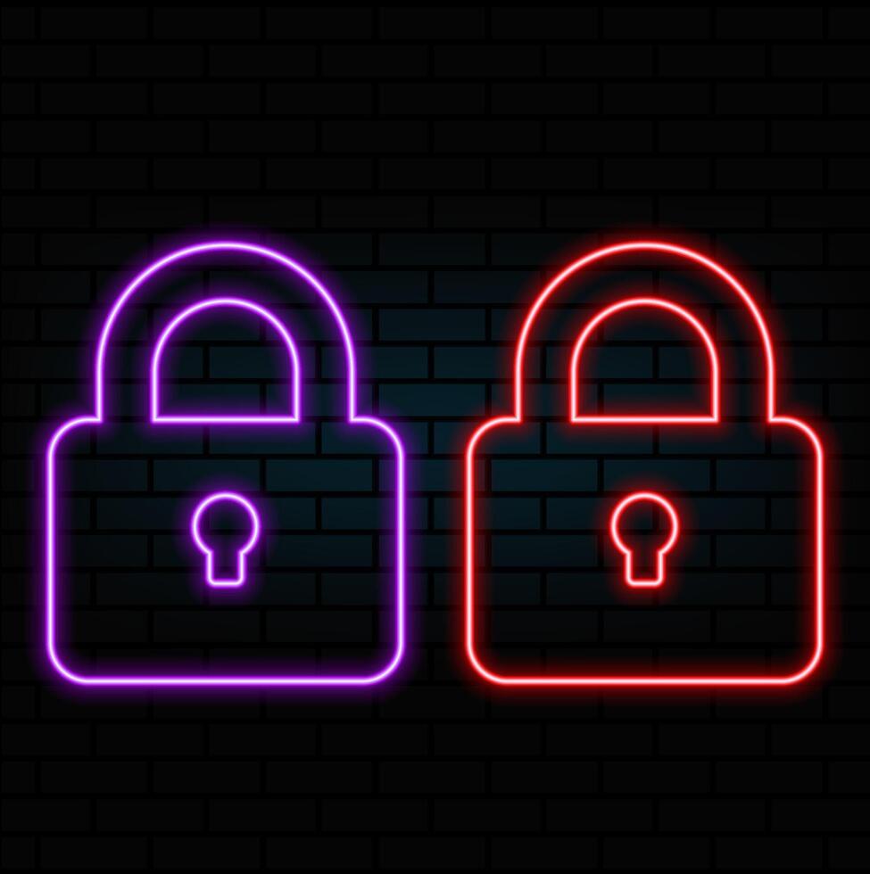Neon closed lock icon. Glowing neon lock sign, outline padlock silhouette in vivid colors. Personal data protection, cyber security, reliable storage of information. icon set, sign.. vector