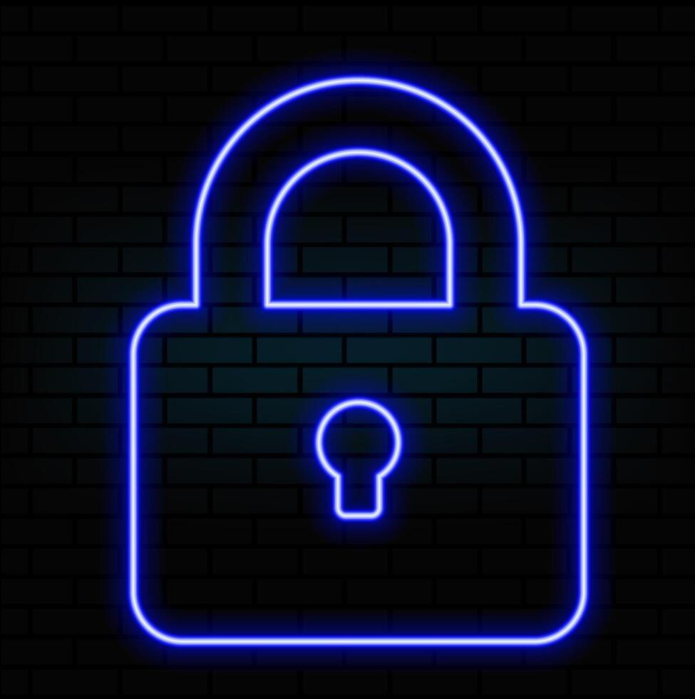 Neon closed lock icon. Glowing neon lock sign, outline padlock silhouette in vivid colors. Personal data protection, cyber security, reliable storage of information. icon set, sign... vector