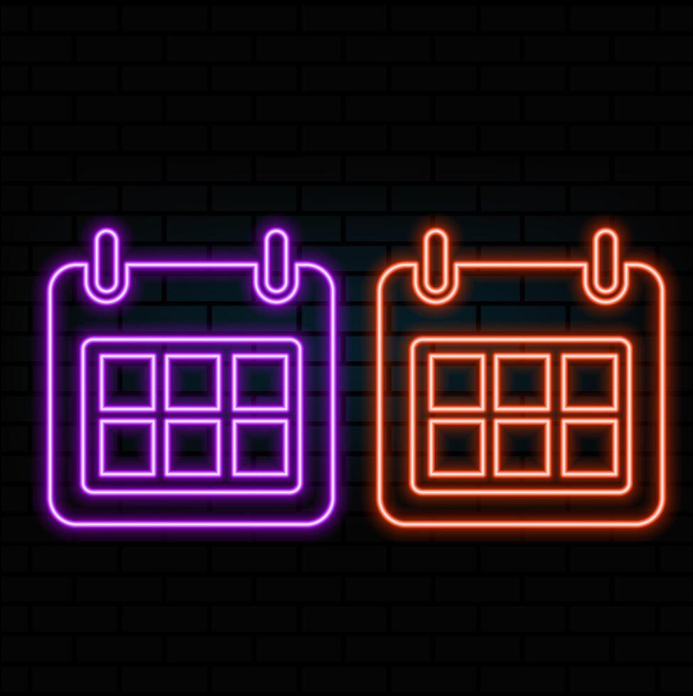 Glowing neon Calendar icon isolated on brick wall background. Event reminder... vector