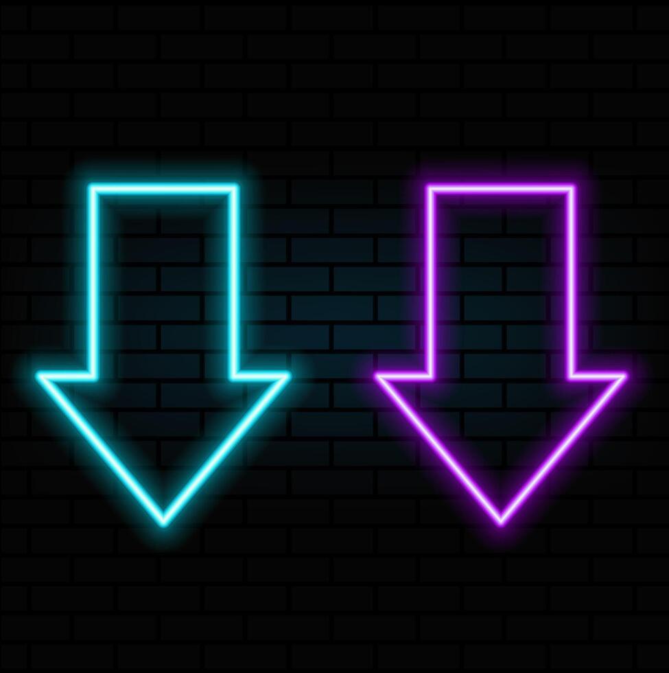 Neon arrow symbol icon. Black Background with arrow direction down. Directional sign. Flashing neon icon to the download arrow. neon arrow sign. vector