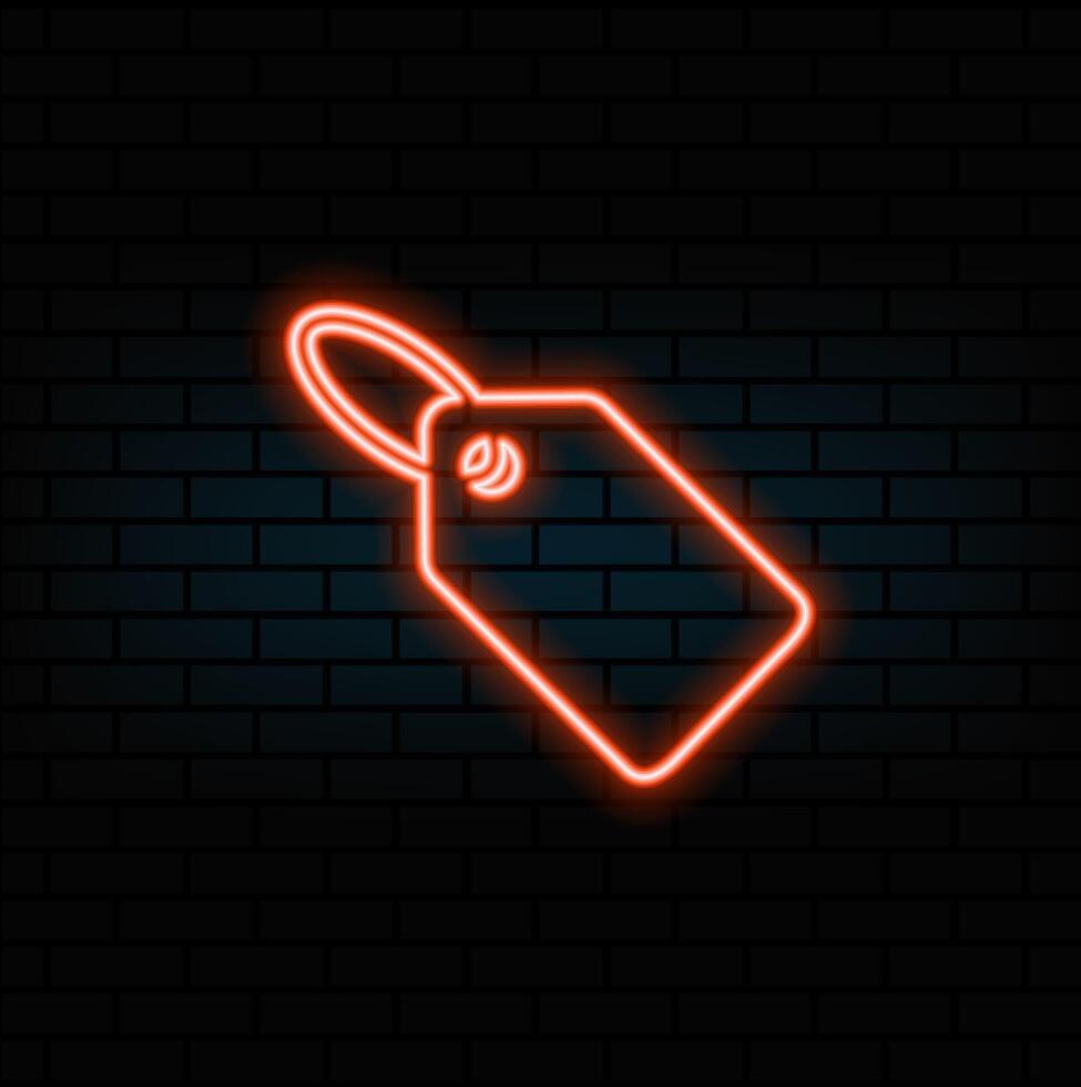 Glowing neon tag with word SALE against dark brick wall background. Shopping discount advertising banner vector