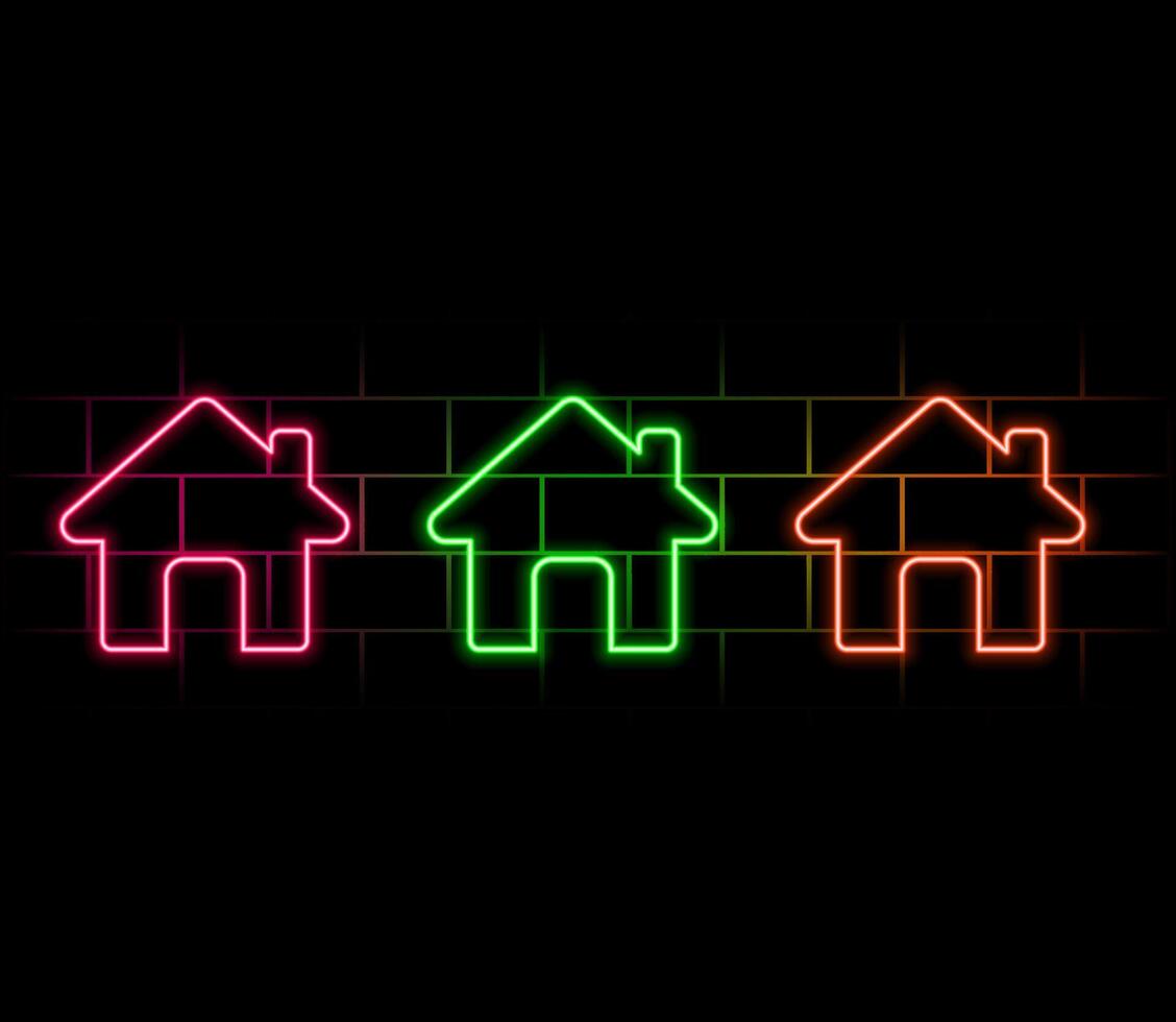 Set of bright neon house icons of different colors. Glowing linear home. vector
