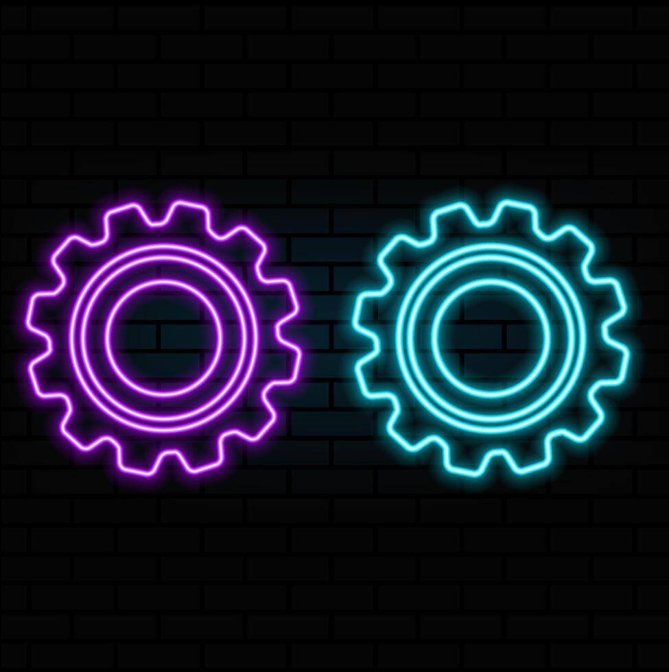 Outline neon gear icon. Glowing neon gearwheel silhouette, cogwheel pictogram. Setting process, technical service and system maintenance, engine and machinery, industry. icon vector