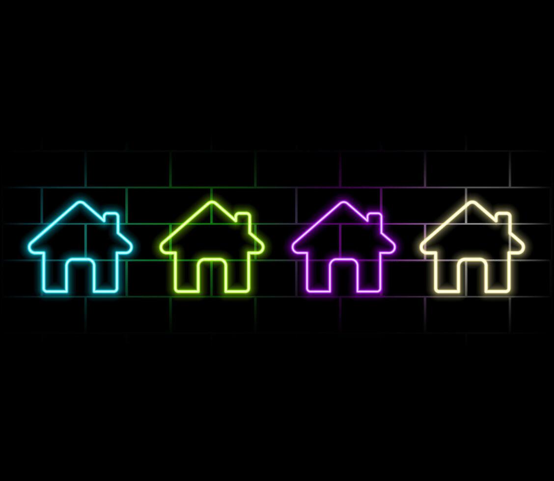 Set of bright neon house icons of different colors. Glowing linear home. vector