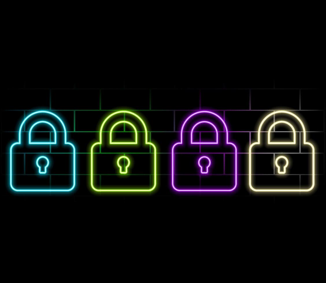 Neon closed lock icon. Glowing neon lock sign, outline padlock silhouette in vivid colors. Personal data protection, cyber security, reliable storage of information. icon set, sign.. vector