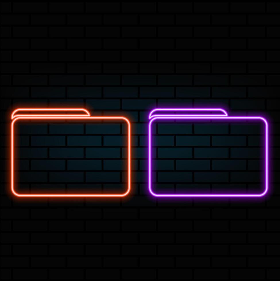 Outline neon file folder icon. Glowing neon folder frame with document sign. Business report folder, document storage, contract and certificate directory, agreement. vector