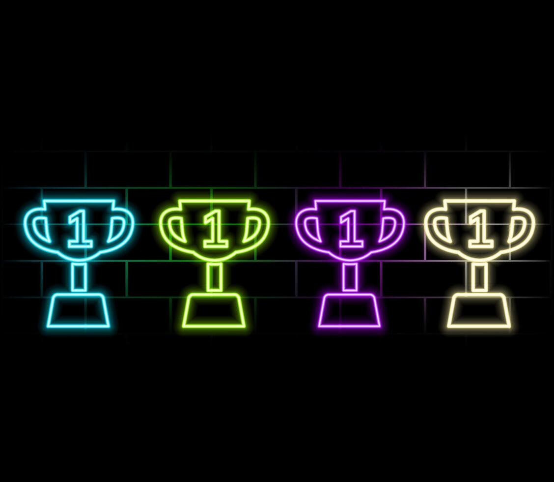 A glowing neon sign with a reward Cup against a dark brick wall. Winner's Cup honorary trophy neon symbol. Top. illustration with vector
