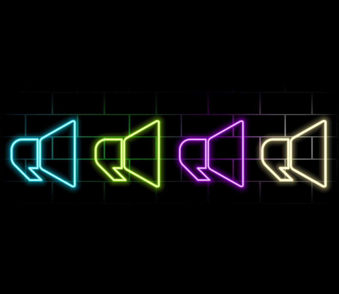 Neon loudspeaker icon. Glowing neon speaker sign, outline megaphone pictogram in vivid colors. Online marketing, promotion in social media, public propaganda. icon set, sign, graphic vector