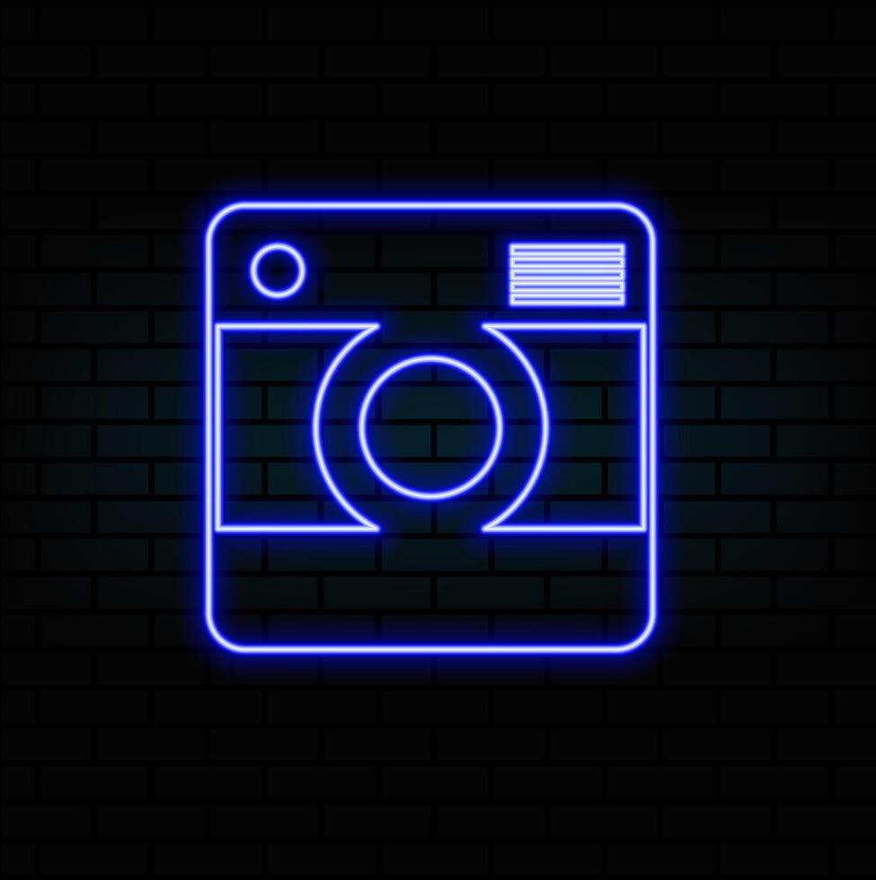 Glowing neon line Photo camera icon isolated on brick wall background. Foto camera icon. Colorful outline vector