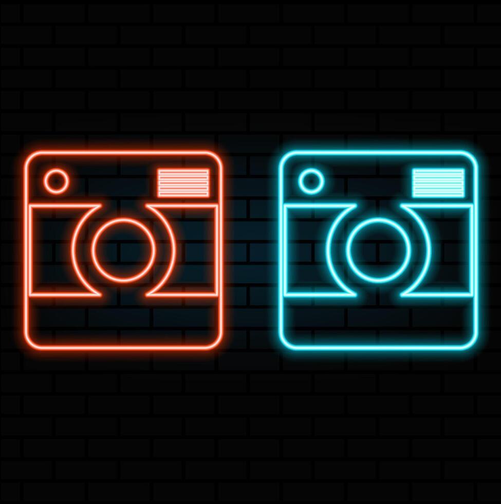 Glowing neon line Photo camera icon isolated on brick wall background. Foto camera icon. Colorful outline vector