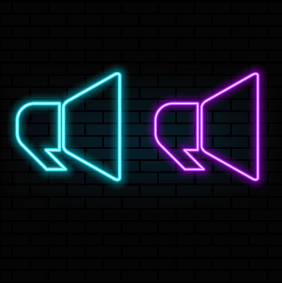 Neon loudspeaker icon. Glowing neon speaker sign, outline megaphone pictogram in vivid colors. Online marketing, promotion in social media, public propaganda. icon set, sign, graphic vector