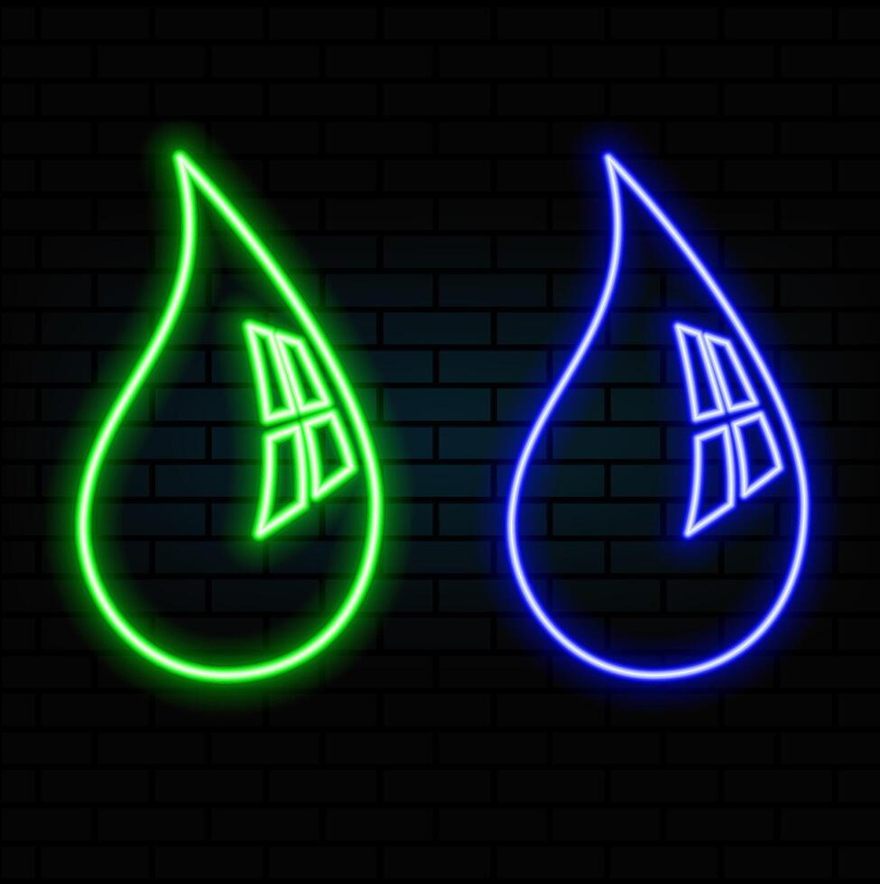 Blue and pink color glowing neon line Oil drop and water drop icon isolated on black background. illustration vector