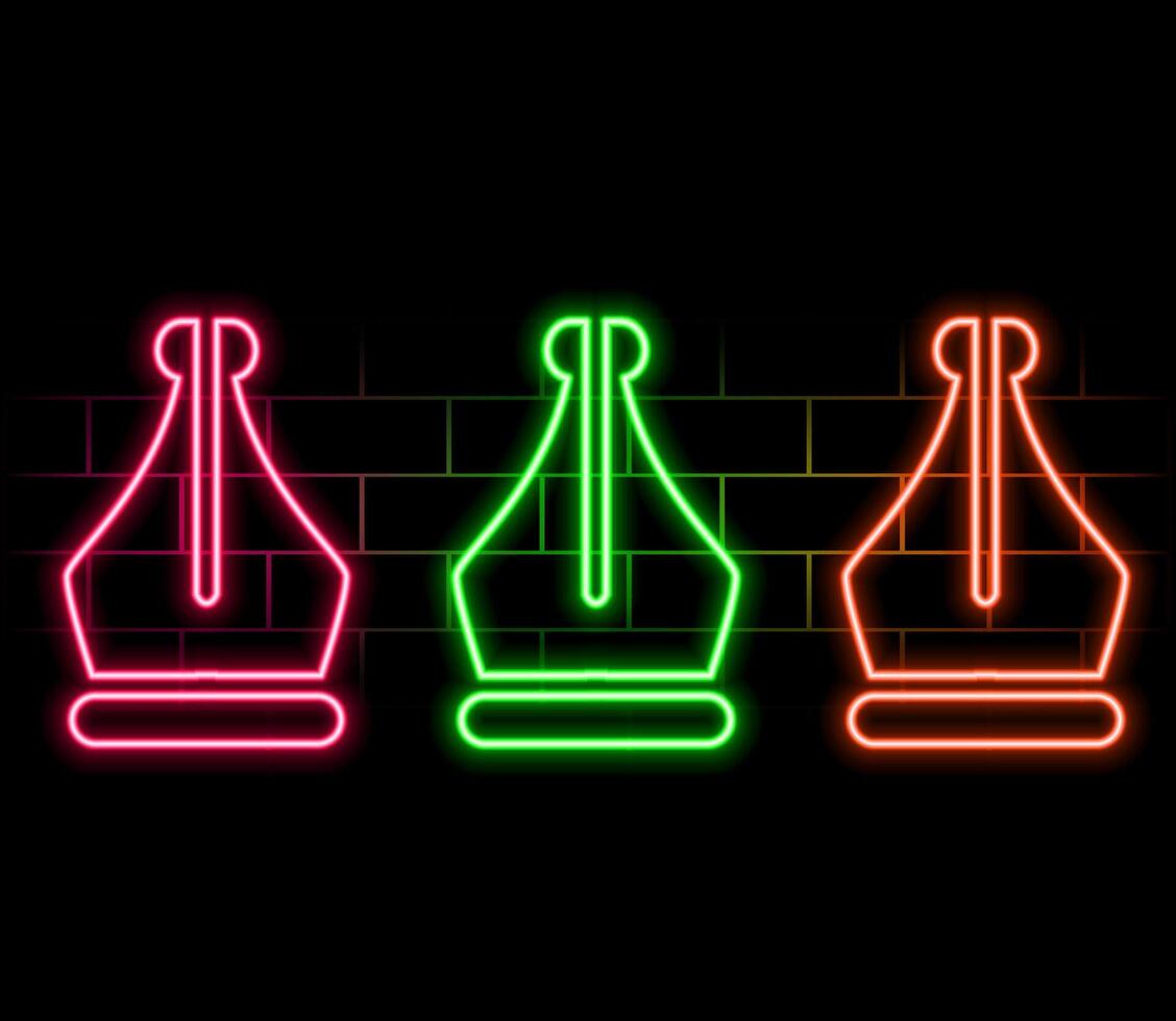 Glowing neon line Fountain pen nib icon isolated on brick wall background. Pen tool sign. Colorful outline vector