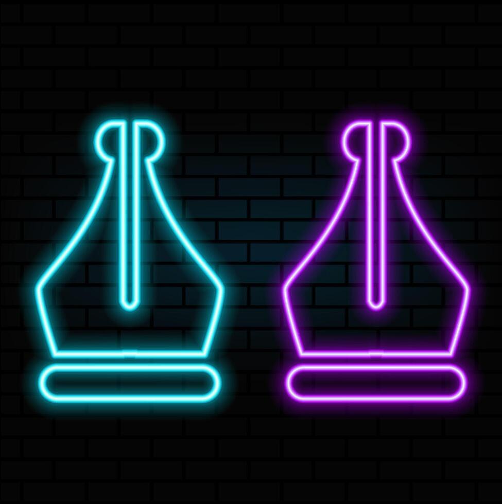 Glowing neon line Fountain pen nib icon isolated on brick wall background. Pen tool sign. Colorful outline vector