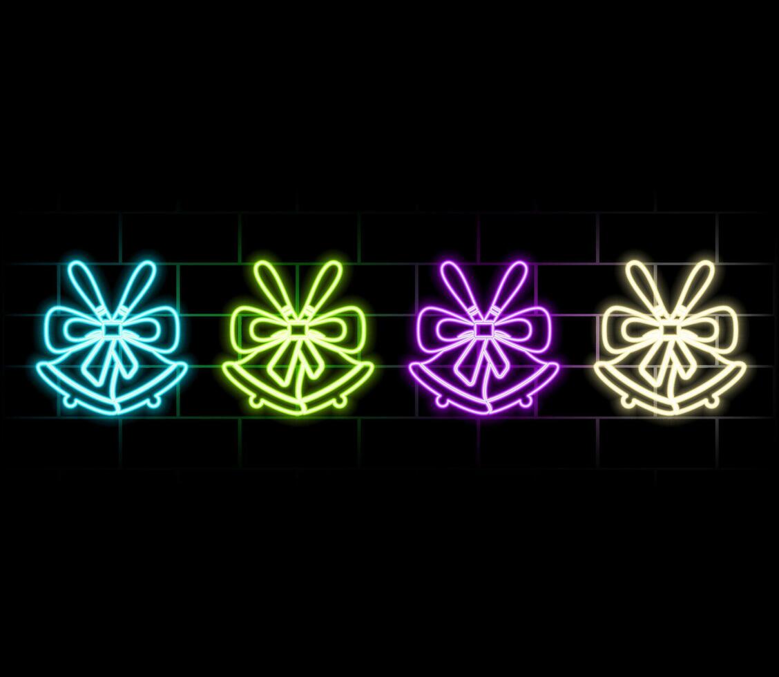 Glowing neon line Merry Christmas ringing bell icon isolated on black background. Alarm symbol, service bell, handbell sign, notification. .green vector