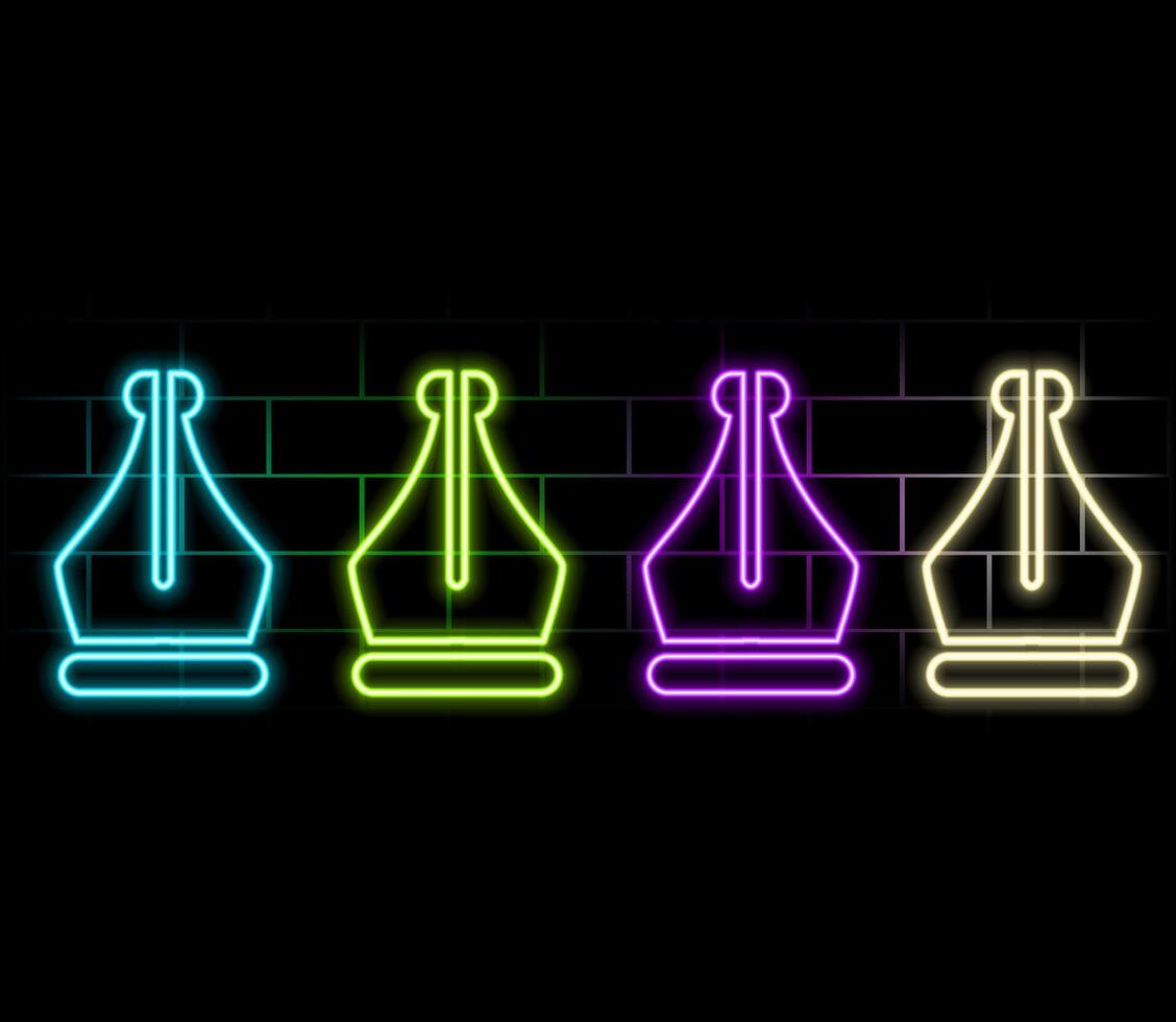 Glowing neon line Fountain pen nib icon isolated on brick wall background. Pen tool sign. Colorful outline vector