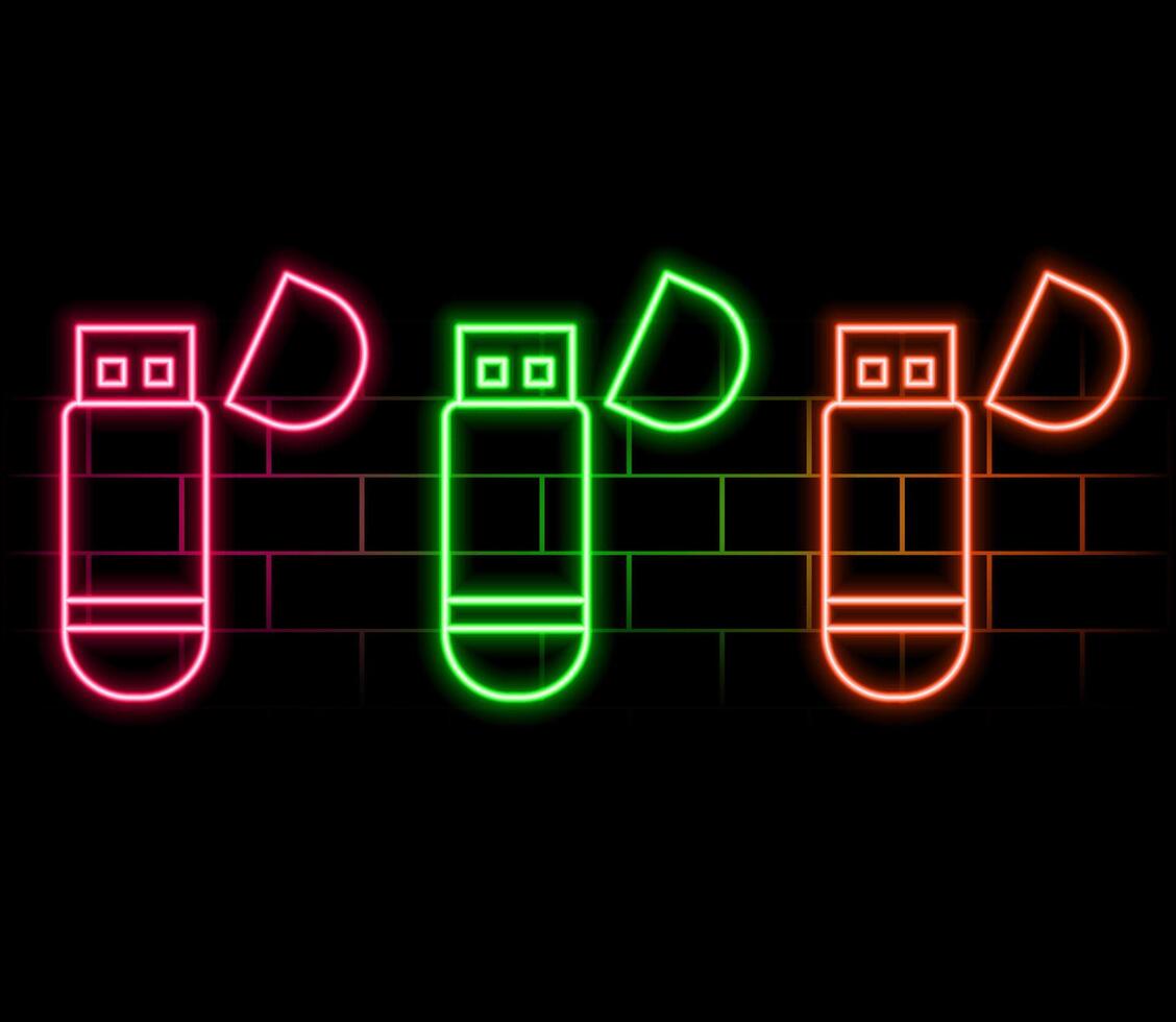 USB flash drive sign. Cyan neon icon in the dark. Bluring. Luminescence. Illustration..pink vector