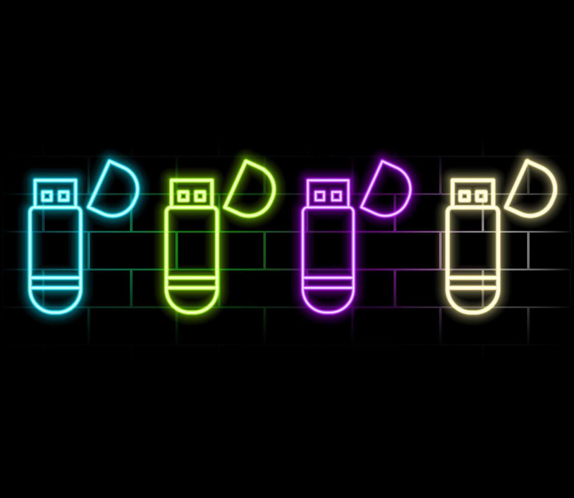 USB flash drive sign. Cyan neon icon in the dark. Bluring. Luminescence. Illustration..green vector