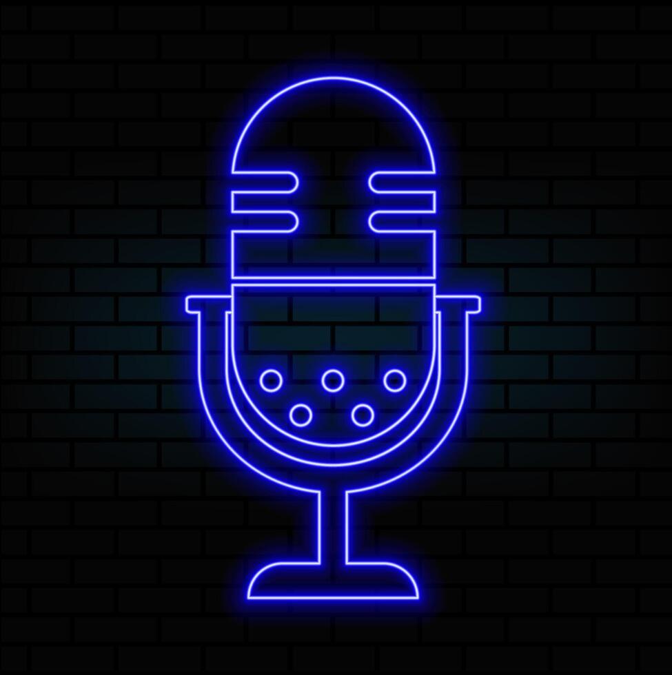 Neon Microphone sign. Glowing microphone icon for podcast, stand up or music show emblem. Retro mic in neon style. illustration..blue vector